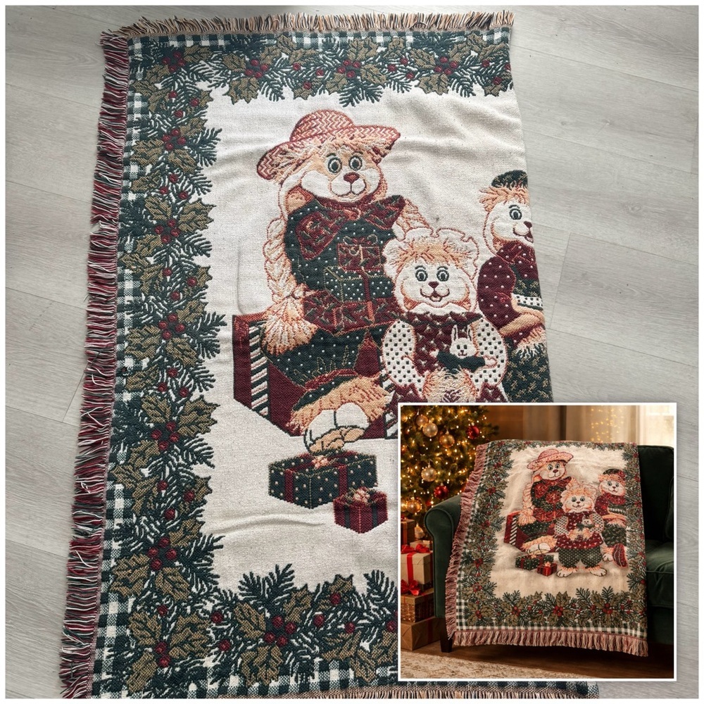 Vtg Goodwin Weaver 100% Cotton Tapestry Throw Blanket 46x52 USA Bear Family EUC - Picture 2 of 8